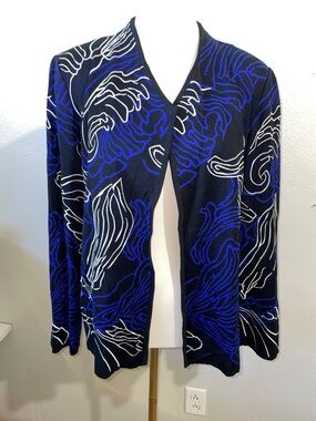 Ming Wang Open Front Cardigan Jacket Blue Black Abstract Sz M Stretch Knit Layer